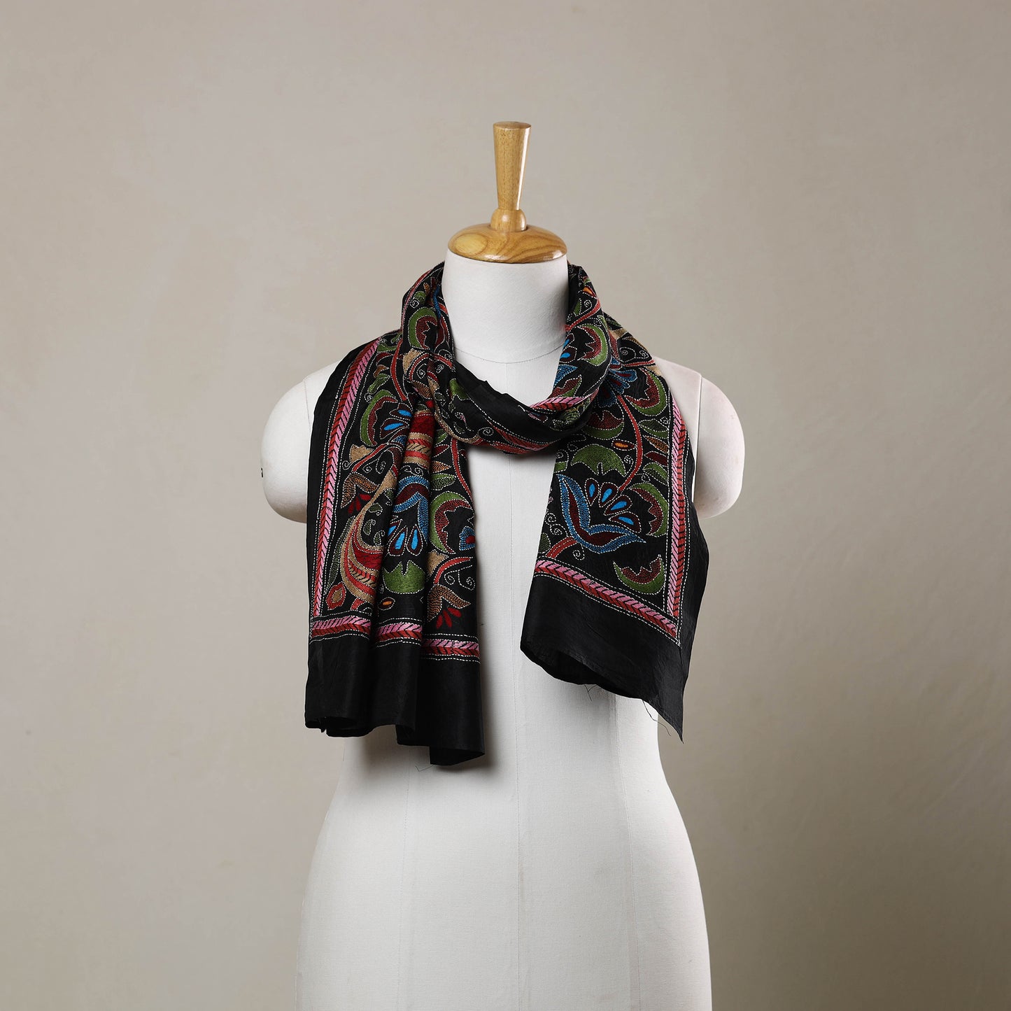 Black - Handloom Silk Bengal Kantha Work Stole 32