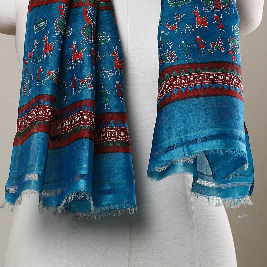 Block Print Handloom Tussar Silk Bengal Kantha Work Stole 36