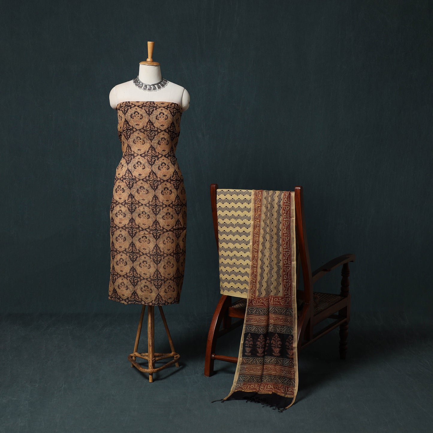 Bagh Hand Block Print Natural Dyed Kota Doria Cotton 3pc Unstitched Dress Material Suit Set 23