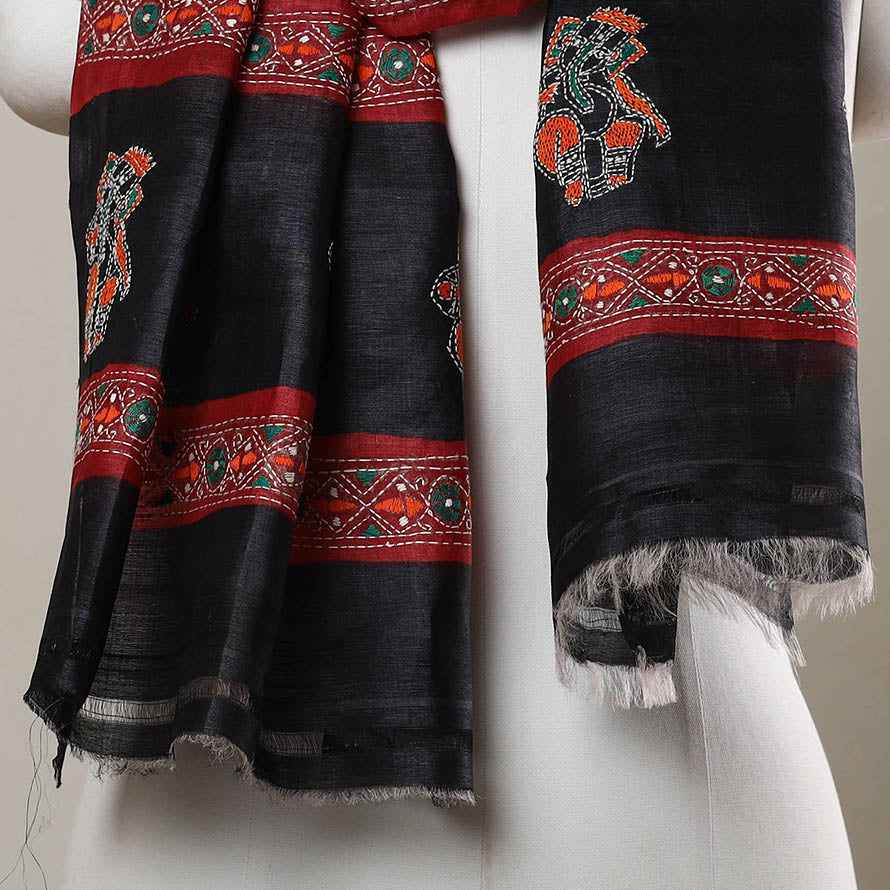 Block Print Handloom Tussar Silk Bengal Kantha Work Stole 40