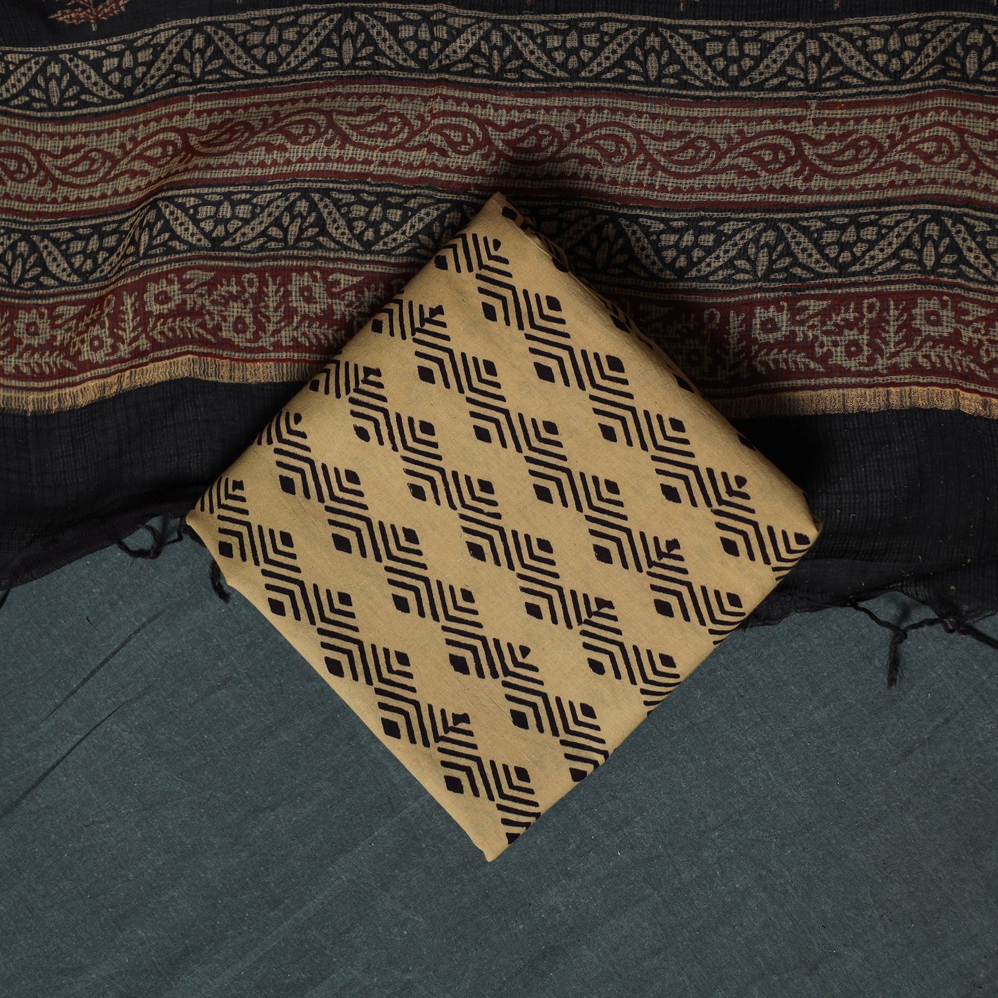 Bagh Hand Block Print Natural Dyed Kota Doria Cotton 3pc Unstitched Dress Material Suit Set 23