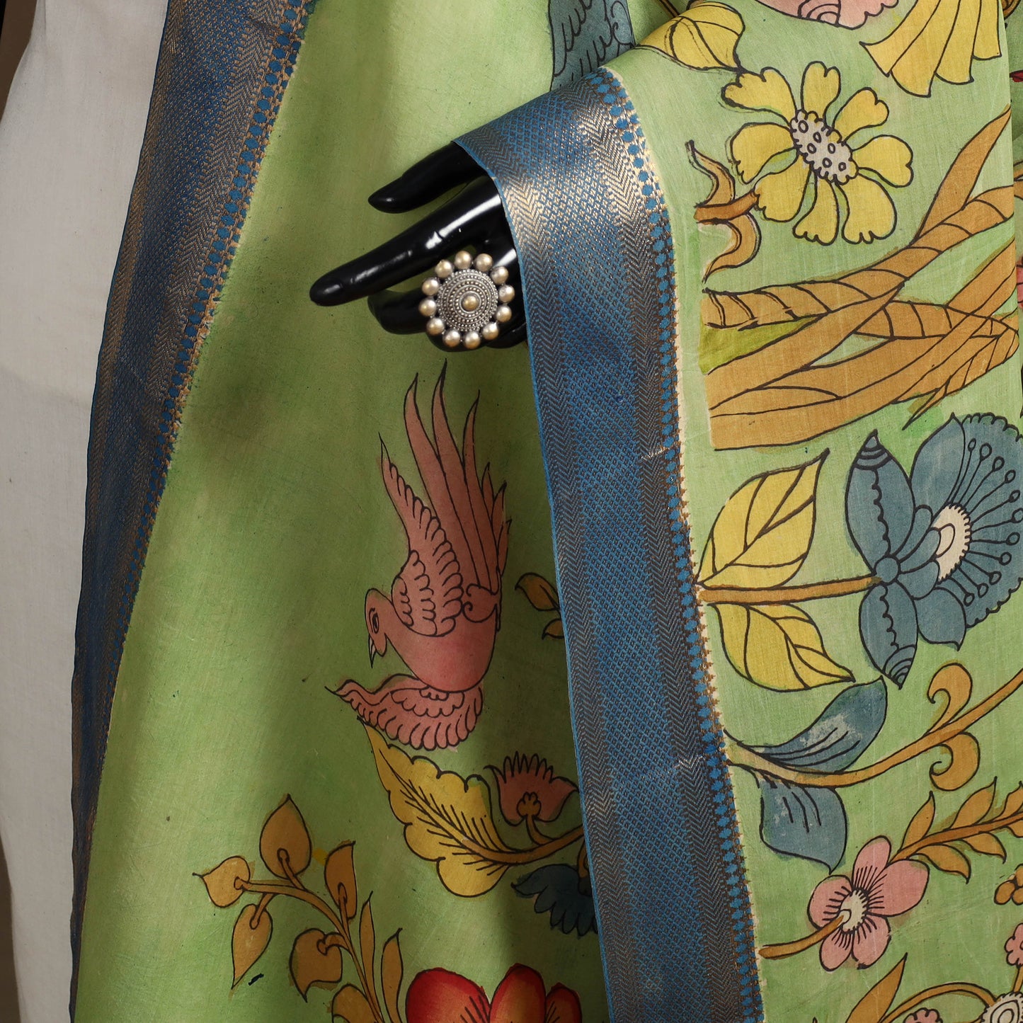 Srikalahasti Pen Work Kalamkari Bangalore Silk Floral Handpainted Dupatta 41