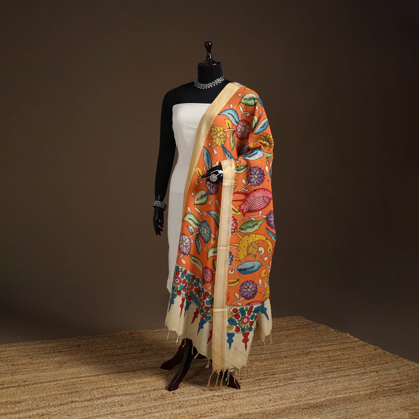 Srikalahasti Pen Work Kalamkari Bangalore Silk Floral Handpainted Dupatta 42