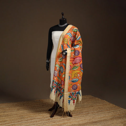 Srikalahasti Pen Work Kalamkari Bangalore Silk Floral Handpainted Dupatta 42