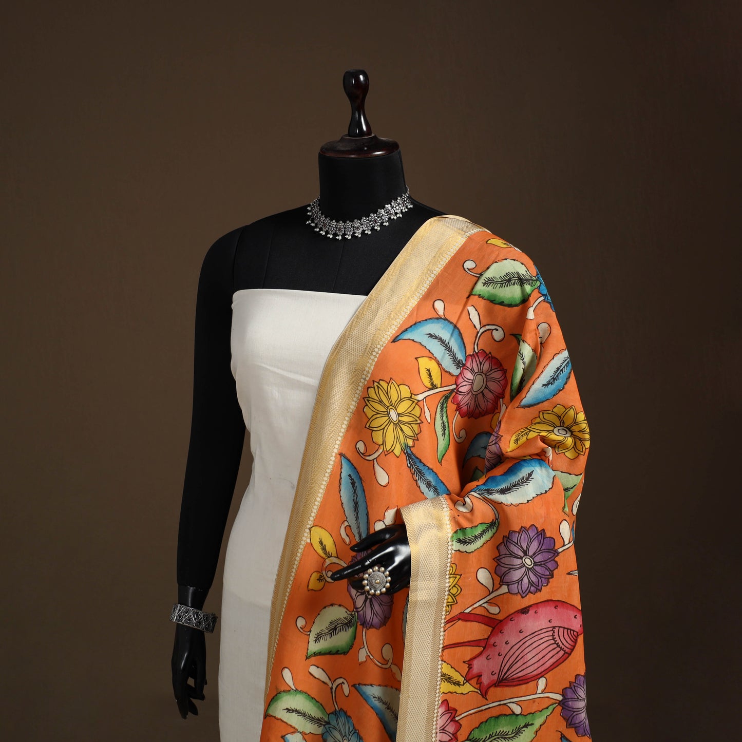 Srikalahasti Pen Work Kalamkari Bangalore Silk Floral Handpainted Dupatta 42