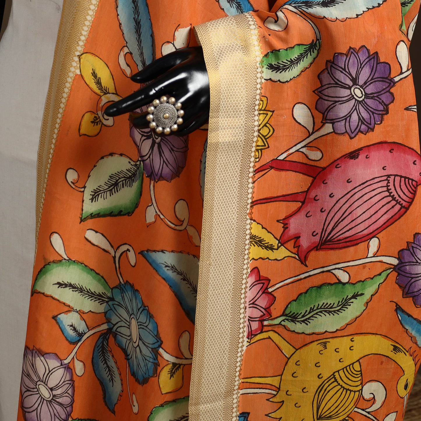 Srikalahasti Pen Work Kalamkari Bangalore Silk Floral Handpainted Dupatta 42