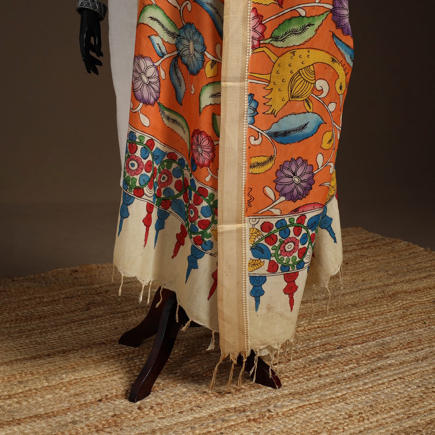 Srikalahasti Pen Work Kalamkari Bangalore Silk Floral Handpainted Dupatta 42