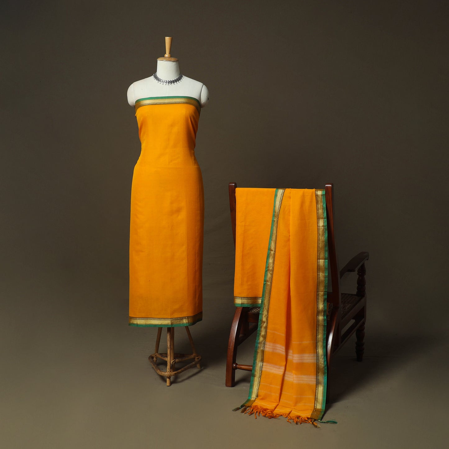 Orange - Dharwad Woven Mercerised Cotton 3pc Unstitched Dress Material Suit Set 56
