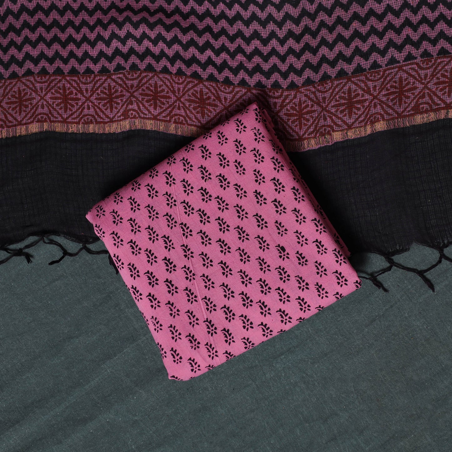 Bagh Hand Block Print Natural Dyed Kota Doria Cotton 3pc Unstitched Dress Material Suit Set 24