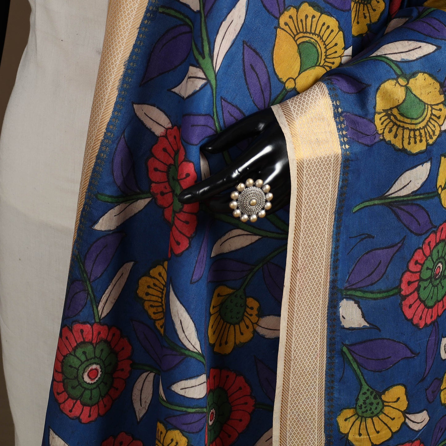 Srikalahasti Pen Work Kalamkari Bangalore Silk Floral Handpainted Dupatta 43