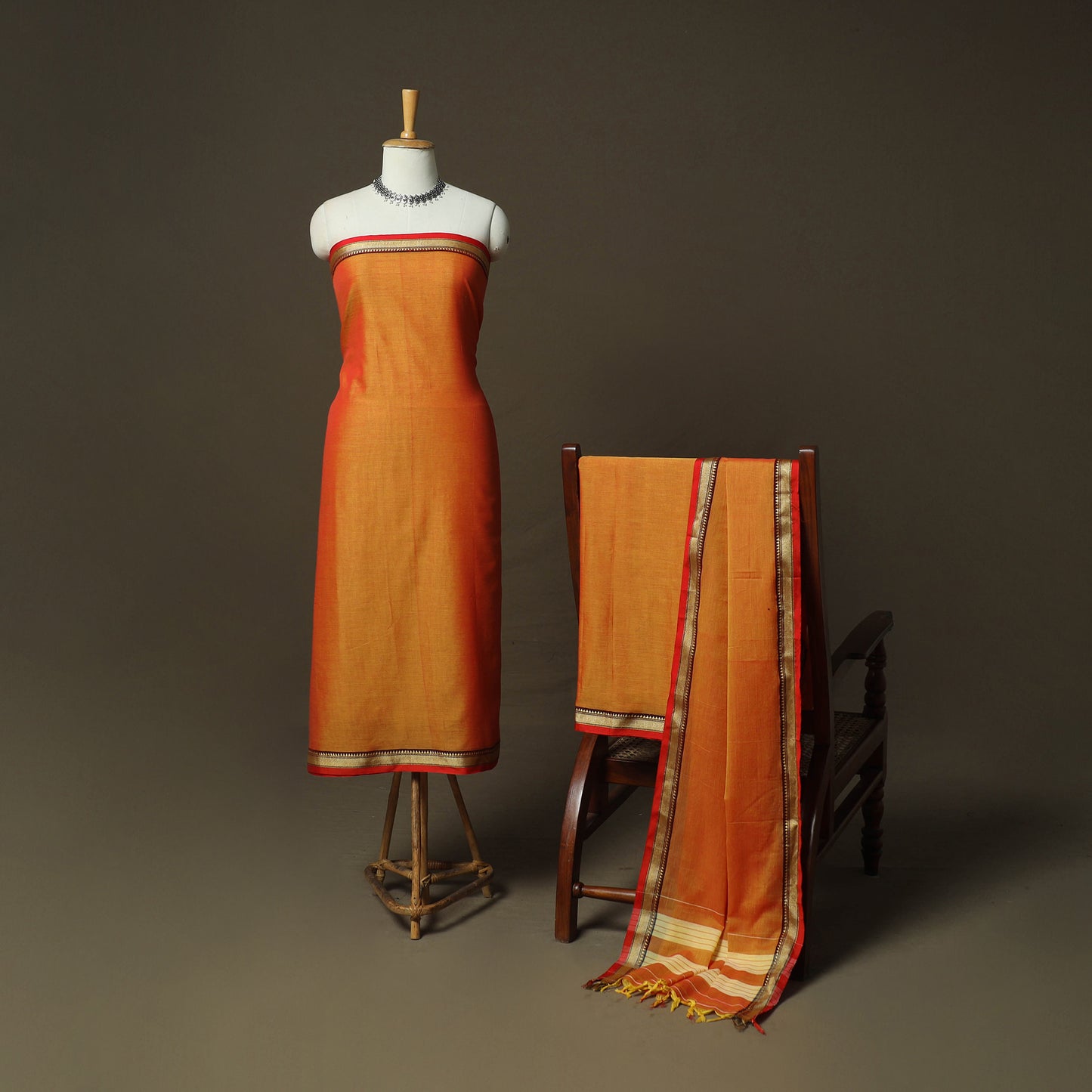 Orange - Dharwad Woven Mercerised Cotton 3pc Unstitched Dress Material Suit Set 57