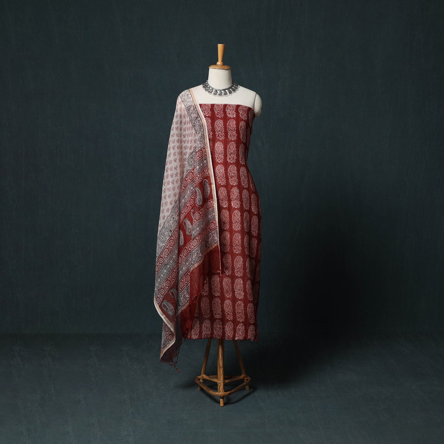 Bagh Hand Block Print Natural Dyed Kota Doria Cotton 3pc Unstitched Dress Material Suit Set 26