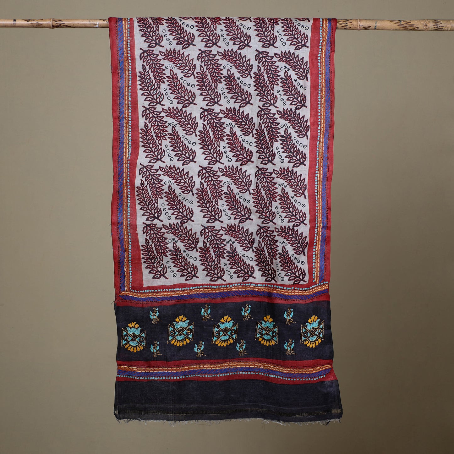 Block Print Handloom Tussar Silk Bengal Kantha Work Stole 46