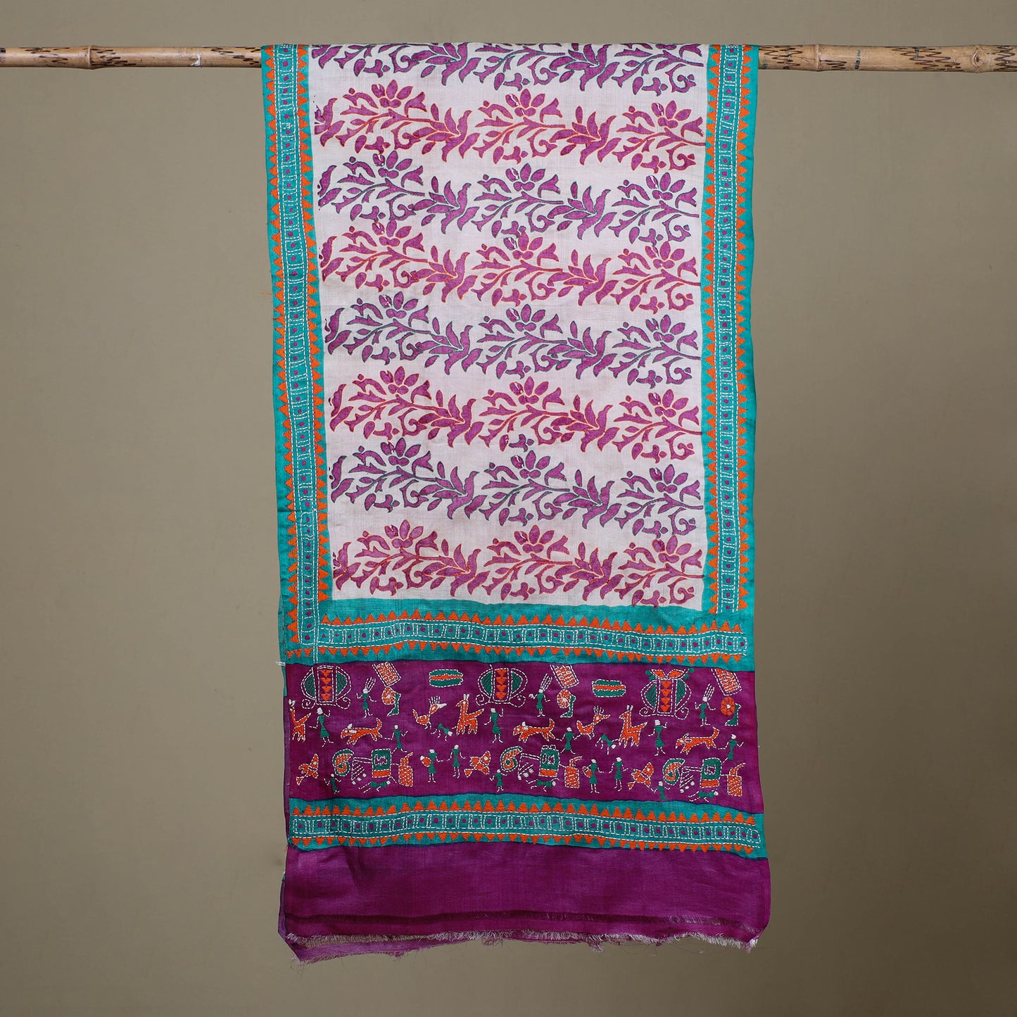 Block Print Handloom Tussar Silk Bengal Kantha Work Stole 45