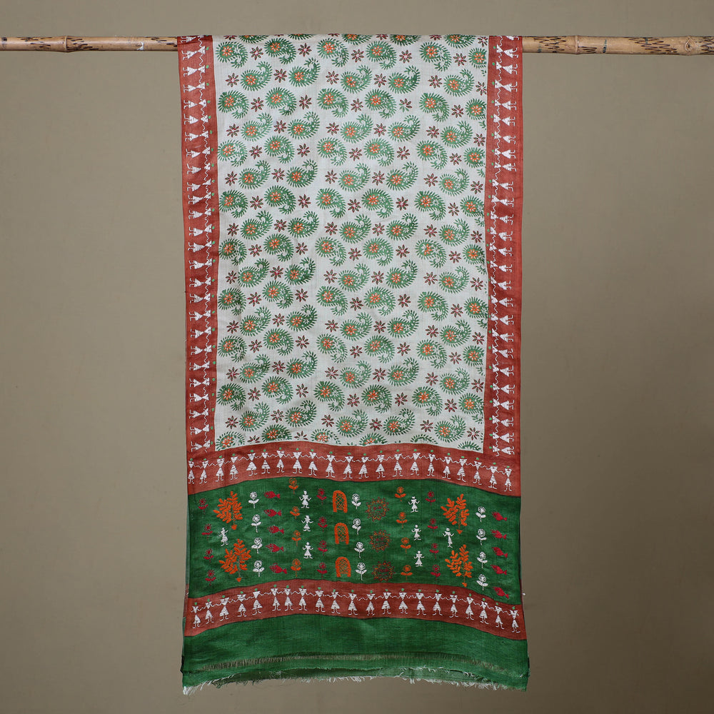 Block Print Handloom Tussar Silk Bengal Kantha Work Stole 44