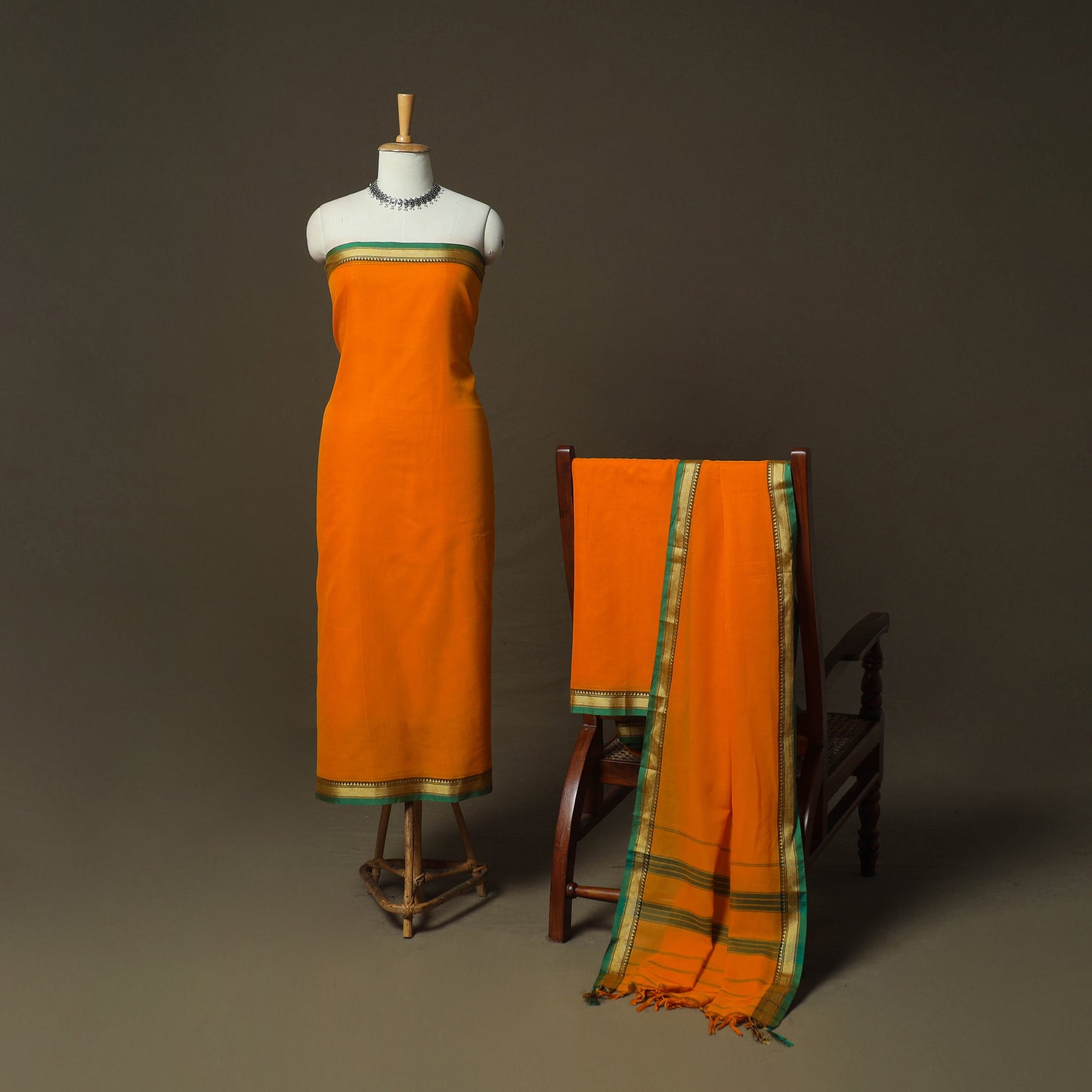 Orange - Dharwad Woven Mercerised Cotton 3pc Unstitched Dress Material Suit Set 59
