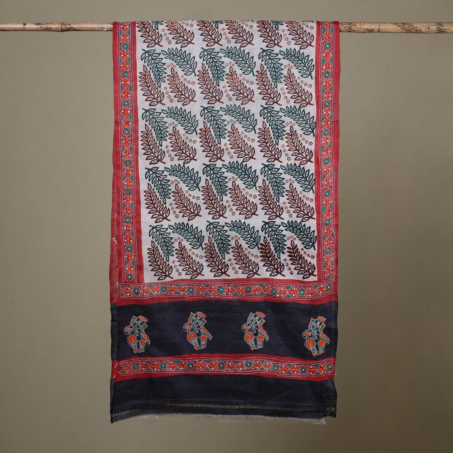 Block Print Handloom Tussar Silk Bengal Kantha Work Stole 40