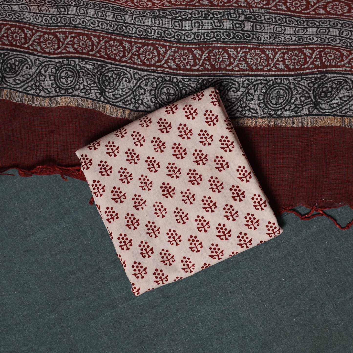 Bagh Hand Block Print Natural Dyed Kota Doria Cotton 3pc Unstitched Dress Material Suit Set 26
