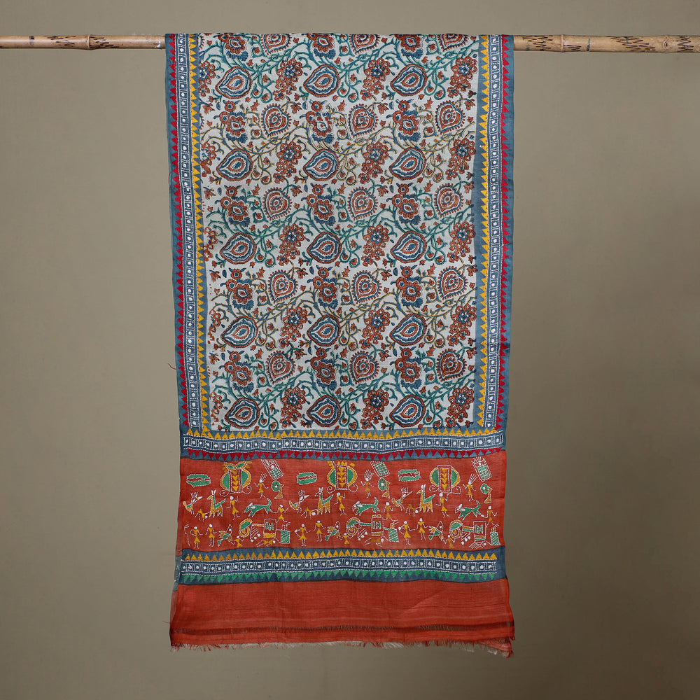 Block Print Handloom Tussar Silk Bengal Kantha Work Stole 38