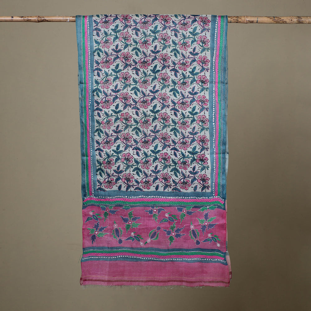 Block Print Handloom Tussar Silk Bengal Kantha Work Stole 37