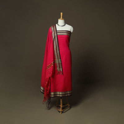 Red - Dharwad Woven Mercerised Cotton 3pc Unstitched Dress Material Suit Set 60
