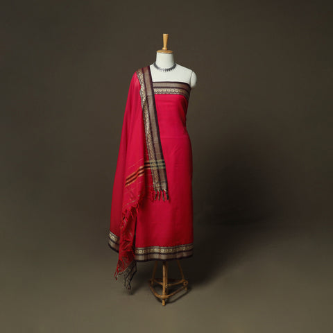 Red - Dharwad Woven Mercerised Cotton 3pc Unstitched Dress Material Suit Set 60