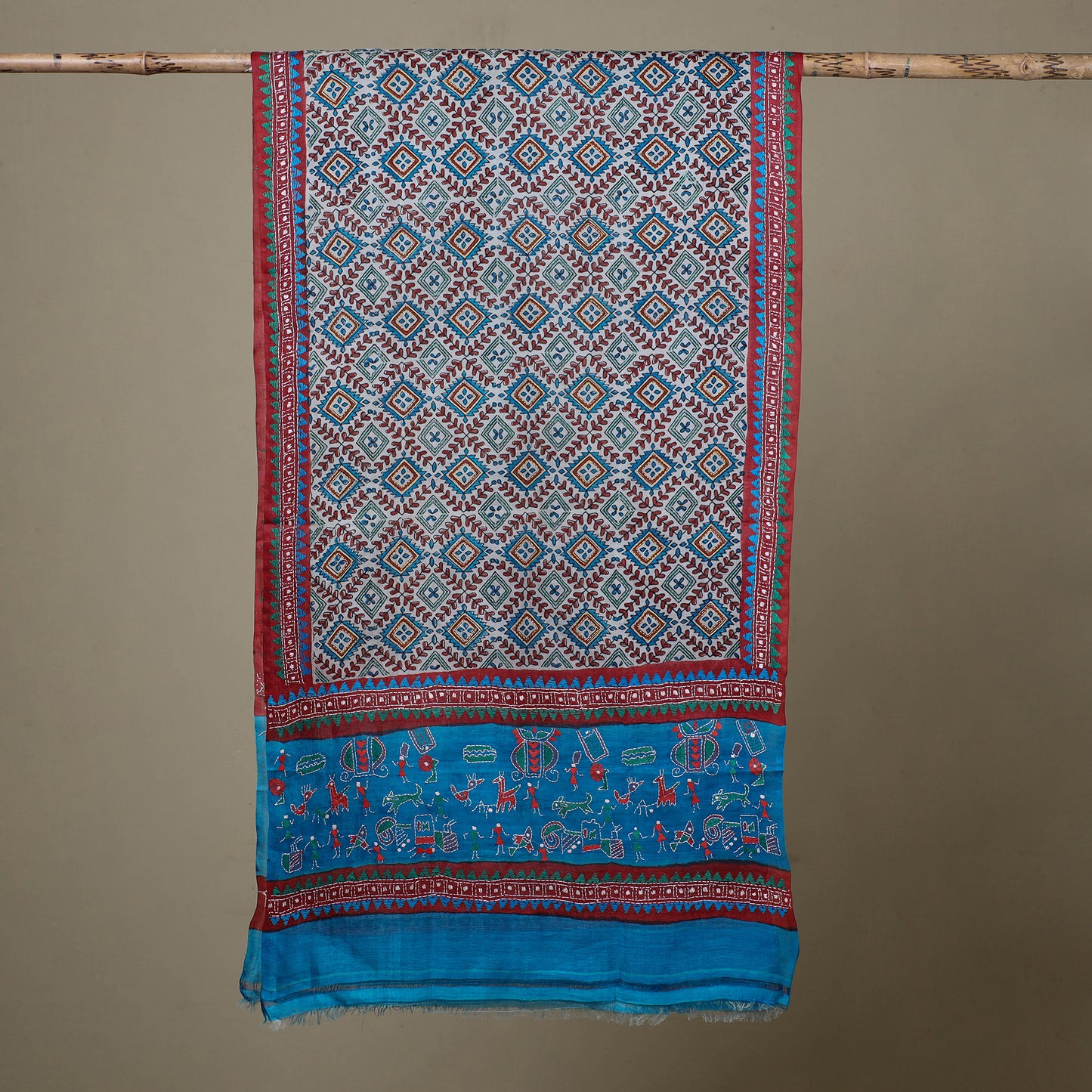 Block Print Handloom Tussar Silk Bengal Kantha Work Stole 36