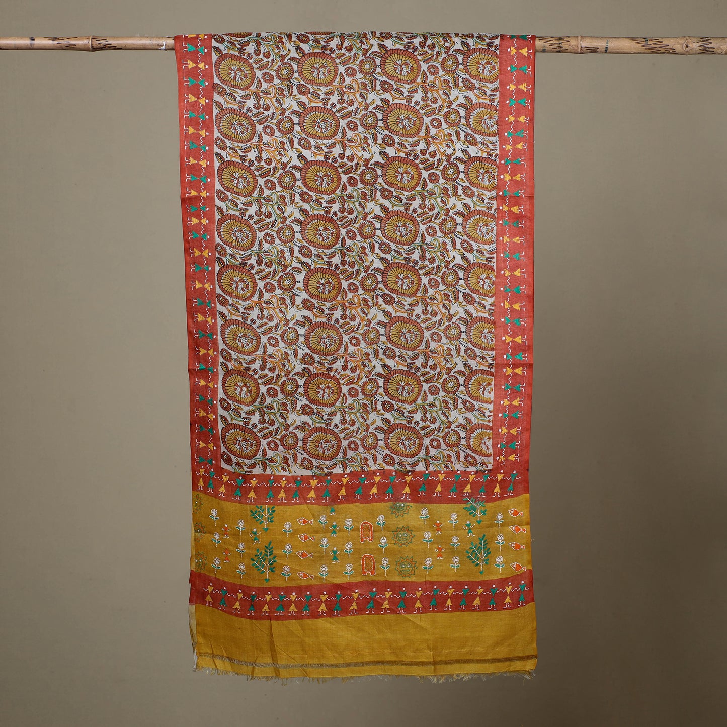 Block Print Handloom Tussar Silk Bengal Kantha Work Stole 35