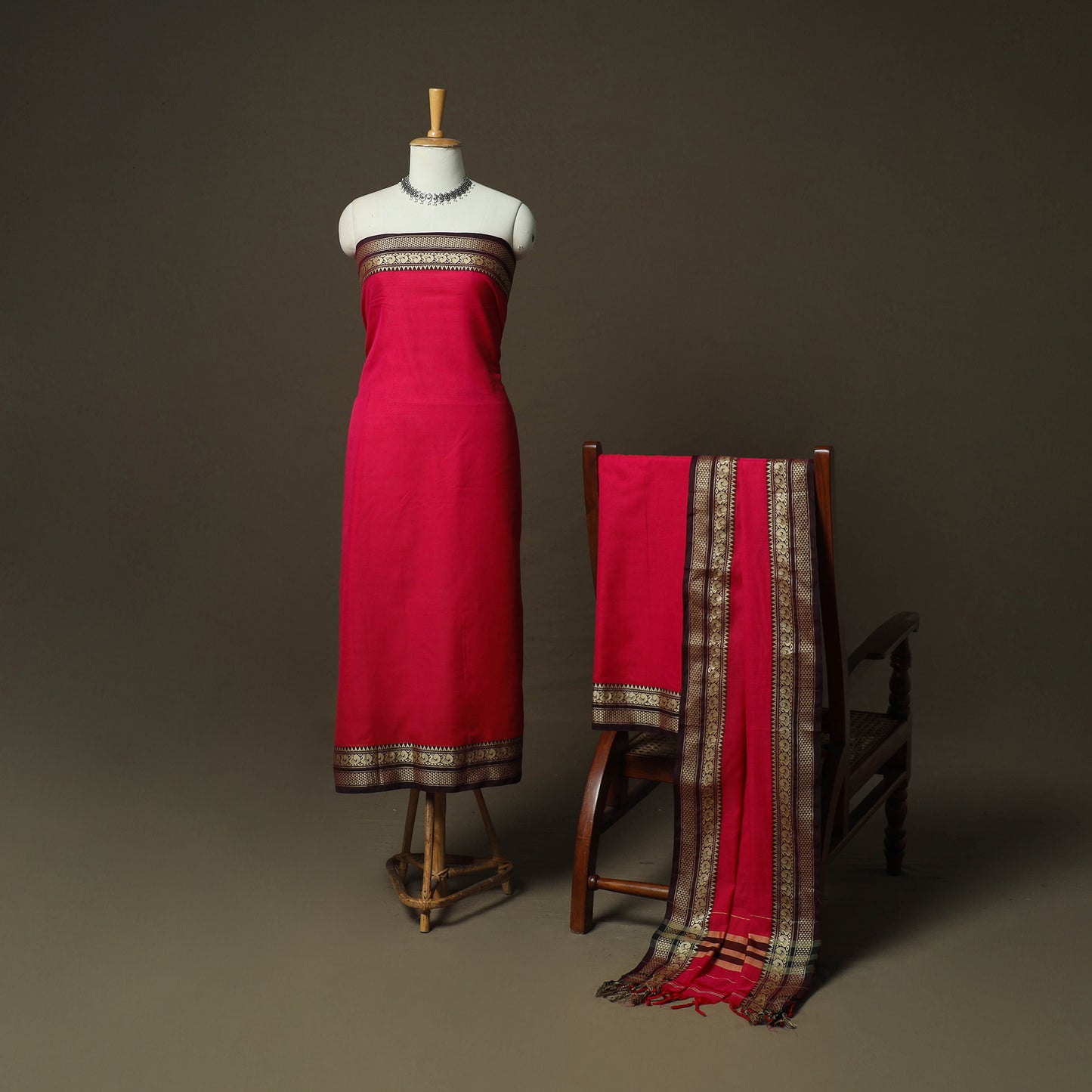 Red - Dharwad Woven Mercerised Cotton 3pc Unstitched Dress Material Suit Set 60