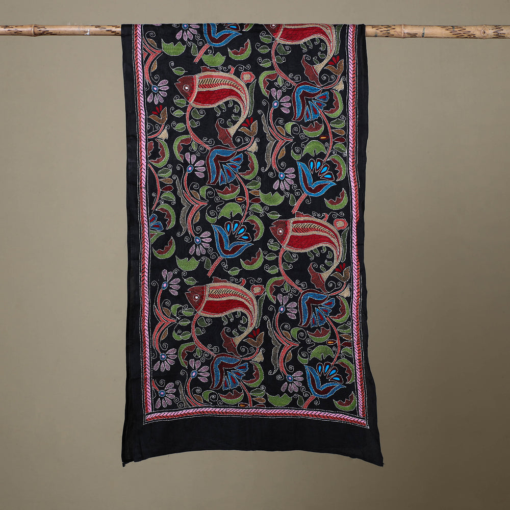 Black - Handloom Silk Bengal Kantha Work Stole 32