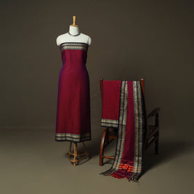Red - Dharwad Woven Mercerised Cotton 3pc Unstitched Dress Material Suit Set 61
