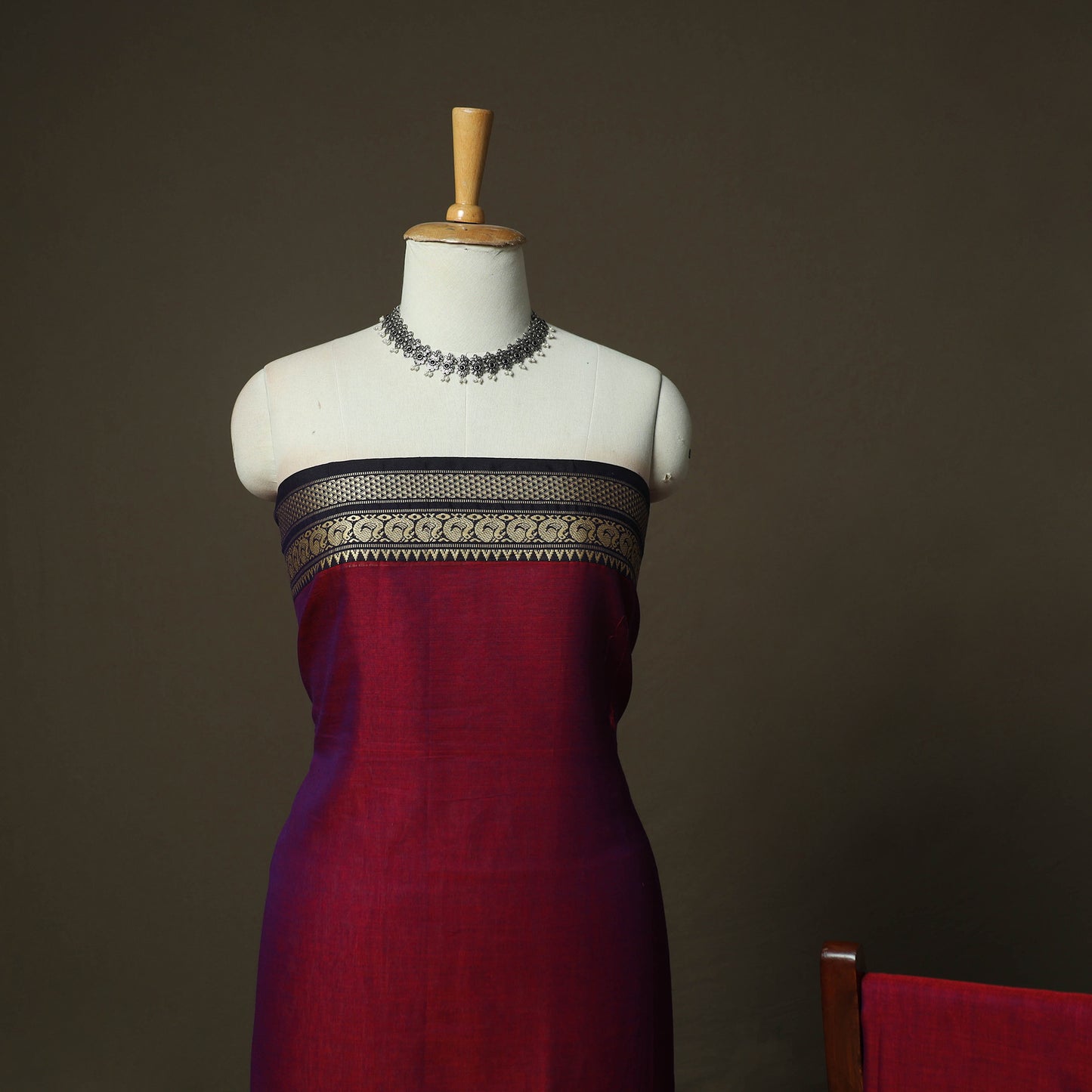 Red - Dharwad Woven Mercerised Cotton 3pc Unstitched Dress Material Suit Set 61