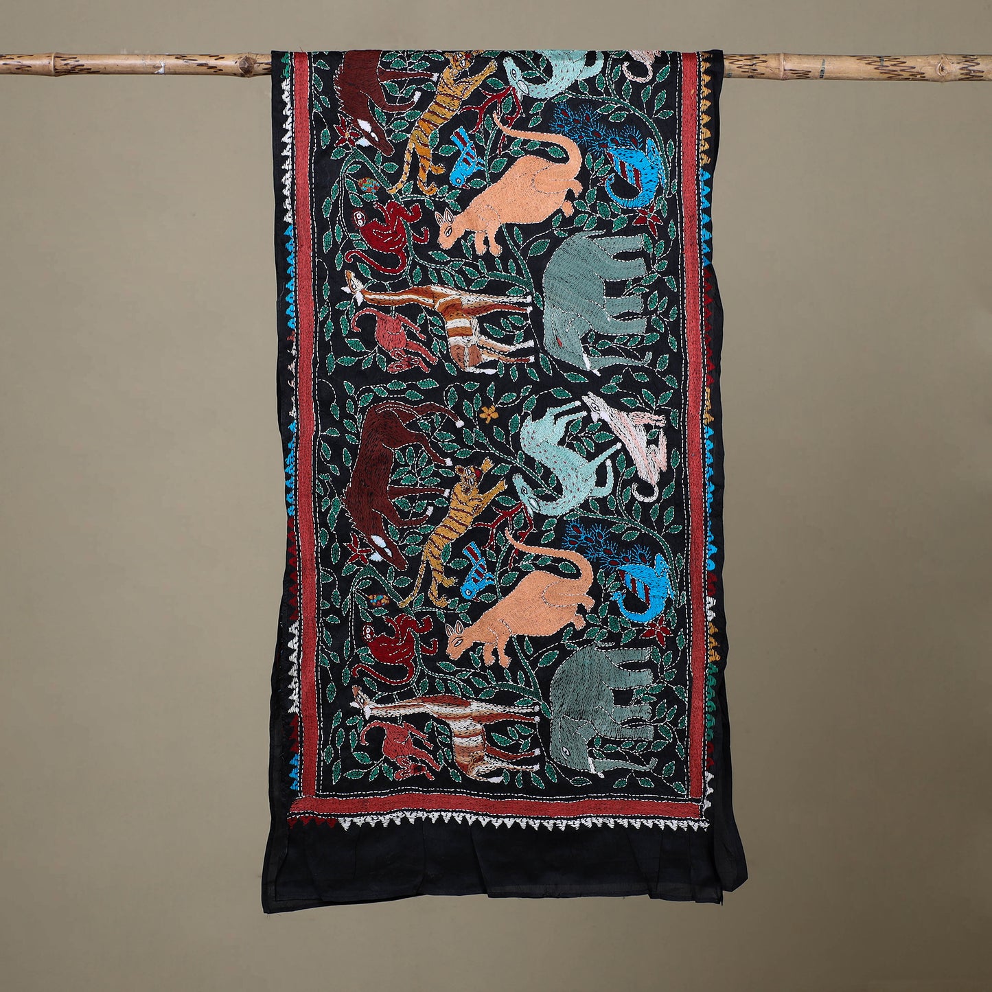 Black - Handloom Silk Bengal Kantha Work Stole 26