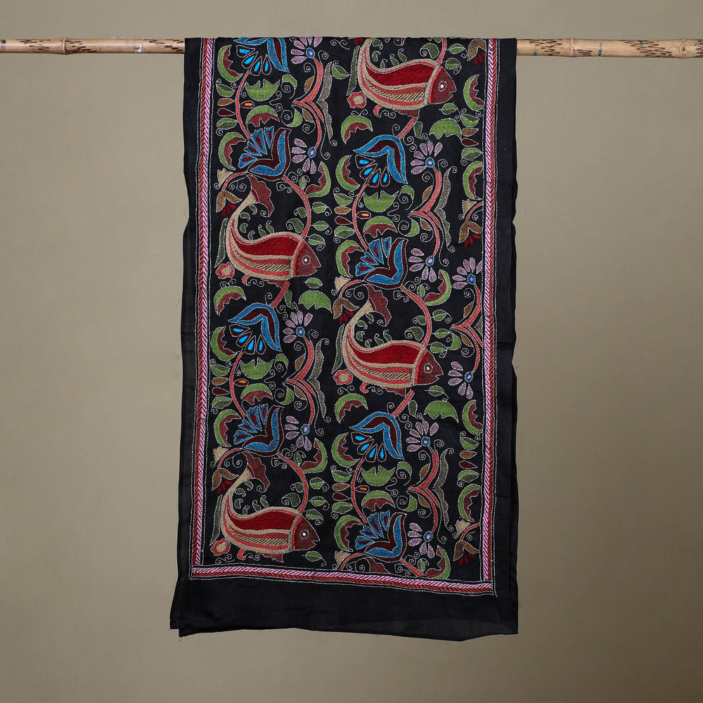 Black - Handloom Silk Bengal Kantha Work Stole 24