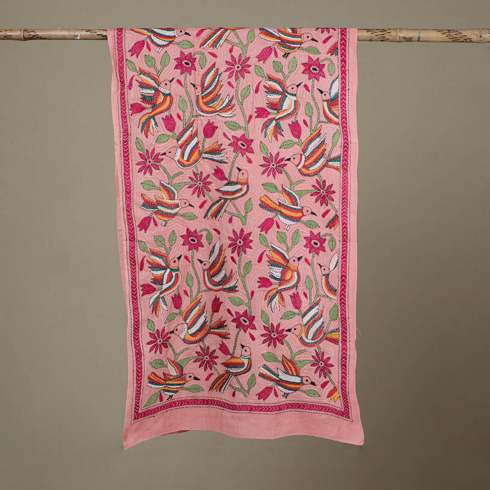 Peach - Handloom Silk Bengal Kantha Work Stole 19