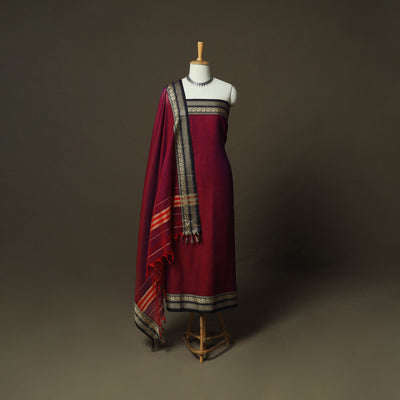 Red - Dharwad Woven Mercerised Cotton 3pc Unstitched Dress Material Suit Set 61