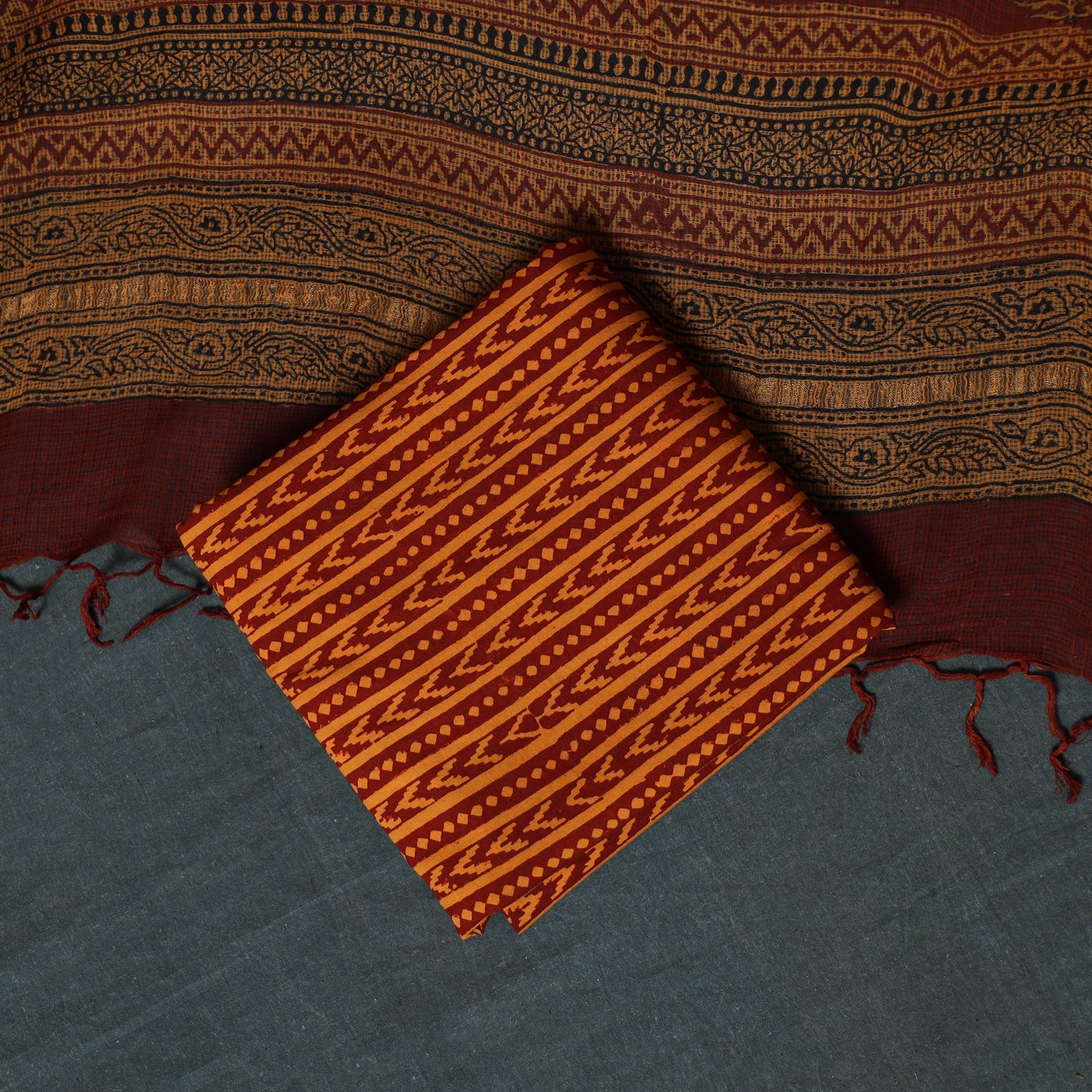 Bagh Hand Block Print Natural Dyed Kota Doria Cotton 3pc Unstitched Dress Material Suit Set 29