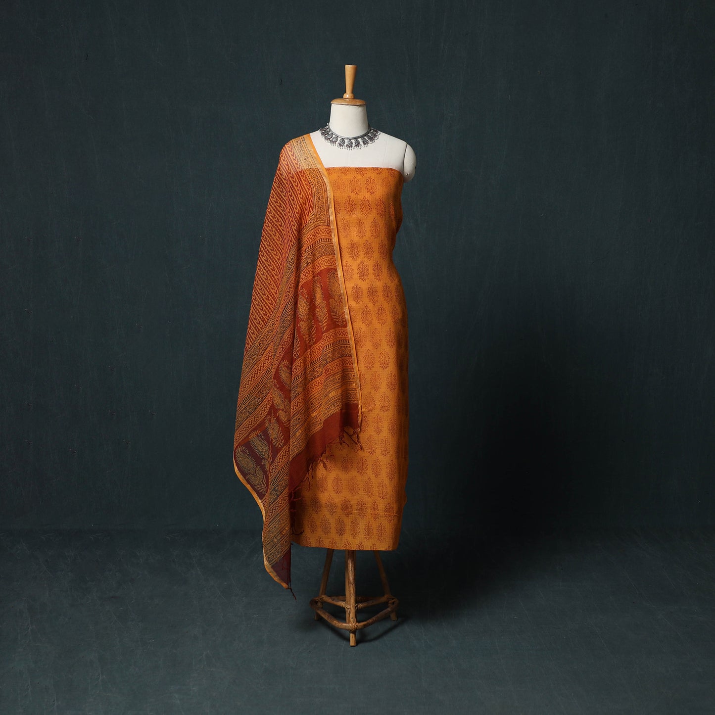 Bagh Hand Block Print Natural Dyed Kota Doria Cotton 3pc Unstitched Dress Material Suit Set 29