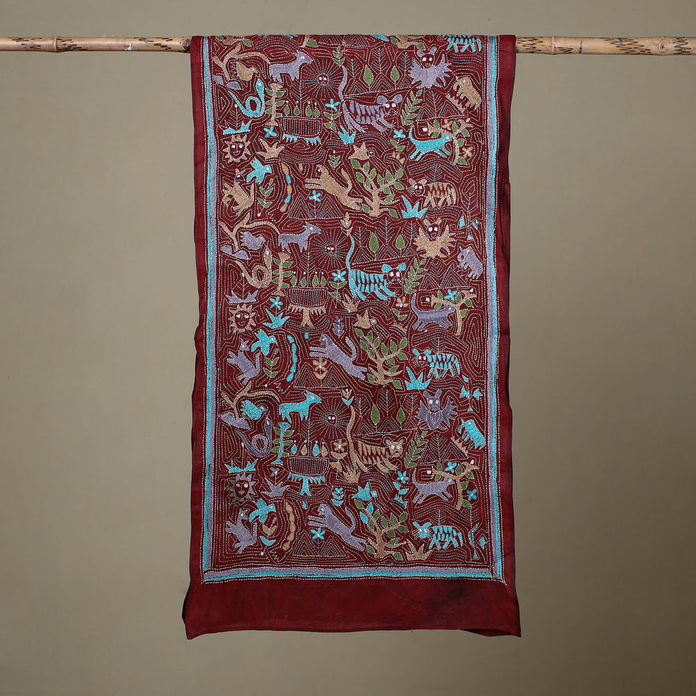 Maroon - Handloom Silk Bengal Kantha Work Stole 12