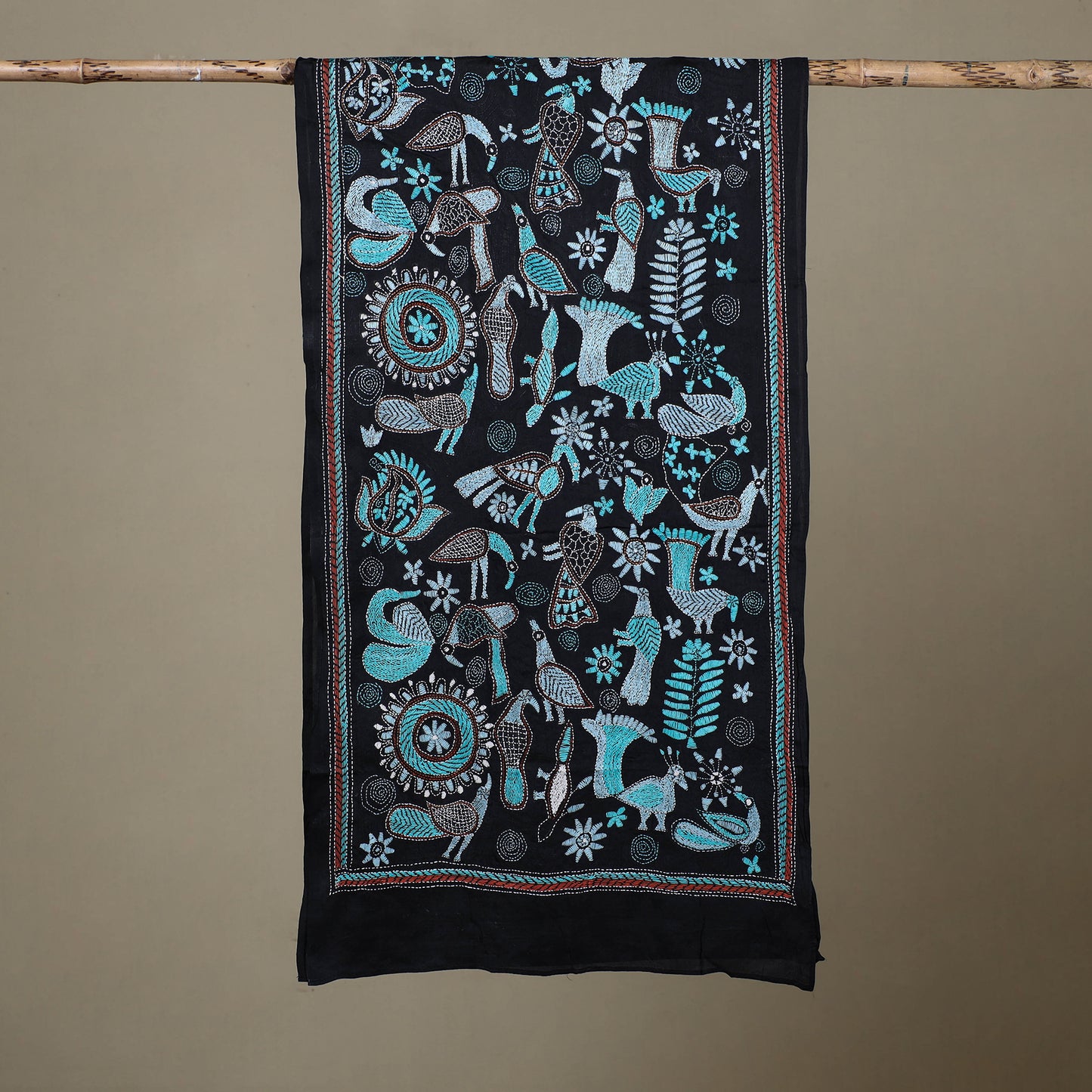 Black - Handloom Silk Bengal Kantha Work Stole 11