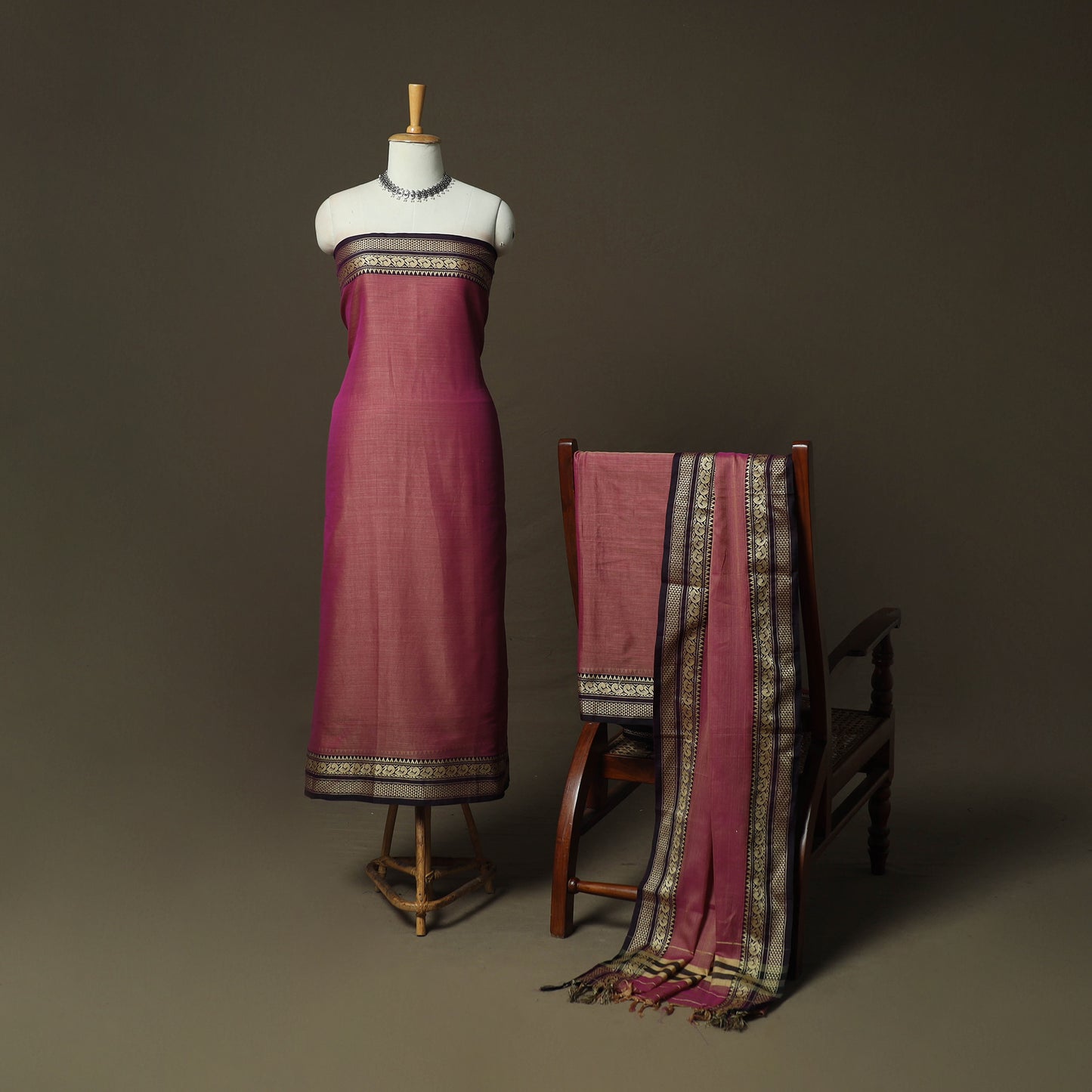 Pink - Dharwad Woven Mercerised Cotton 3pc Unstitched Dress Material Suit Set 63