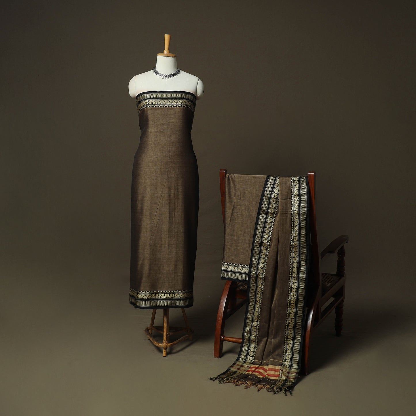 Brown - Dharwad Woven Mercerised Cotton 3pc Unstitched Dress Material Suit Set 64