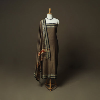 Brown - Dharwad Woven Mercerised Cotton 3pc Unstitched Dress Material Suit Set 64