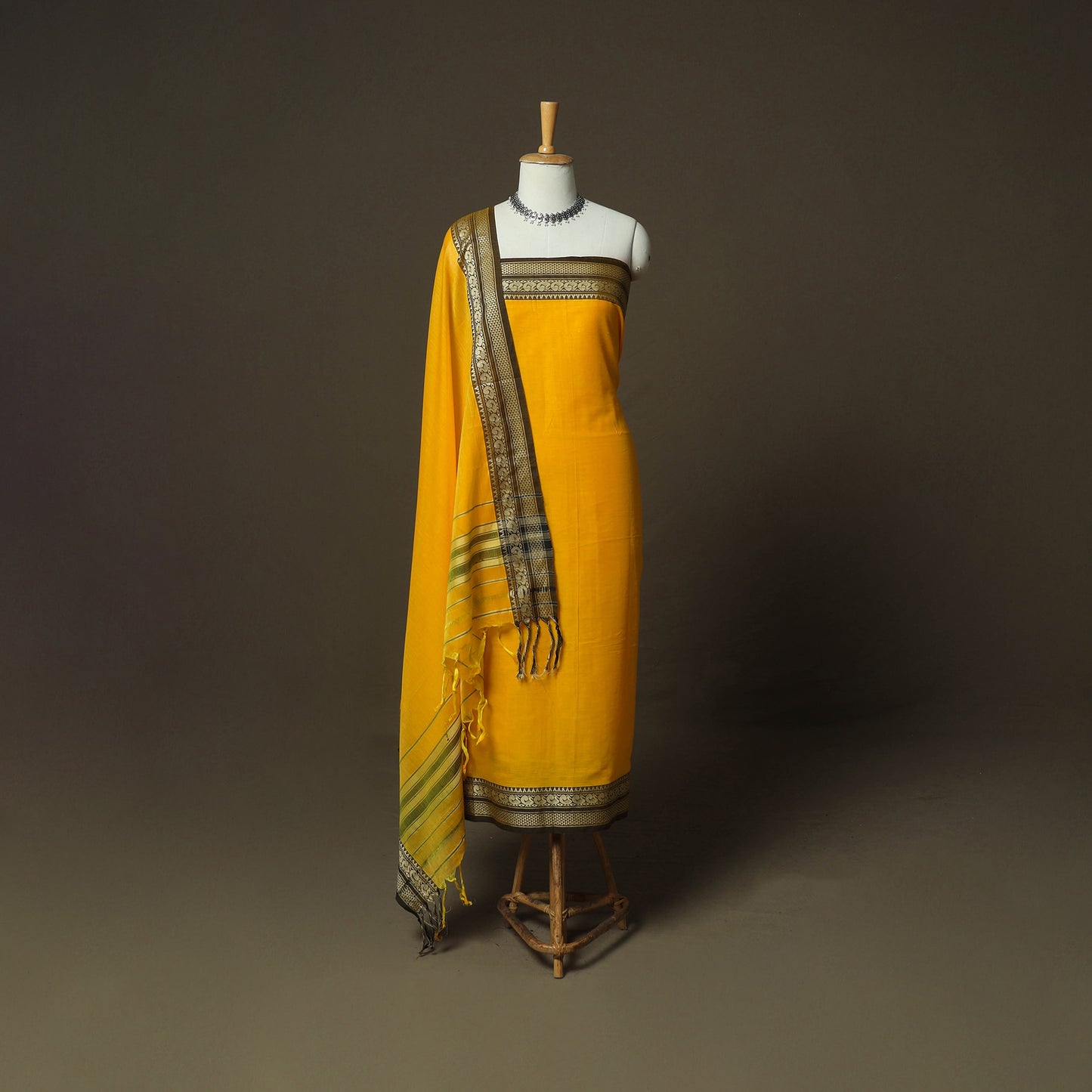 Yellow - Dharwad Woven Mercerised Cotton 3pc Unstitched Dress Material Suit Set 65
