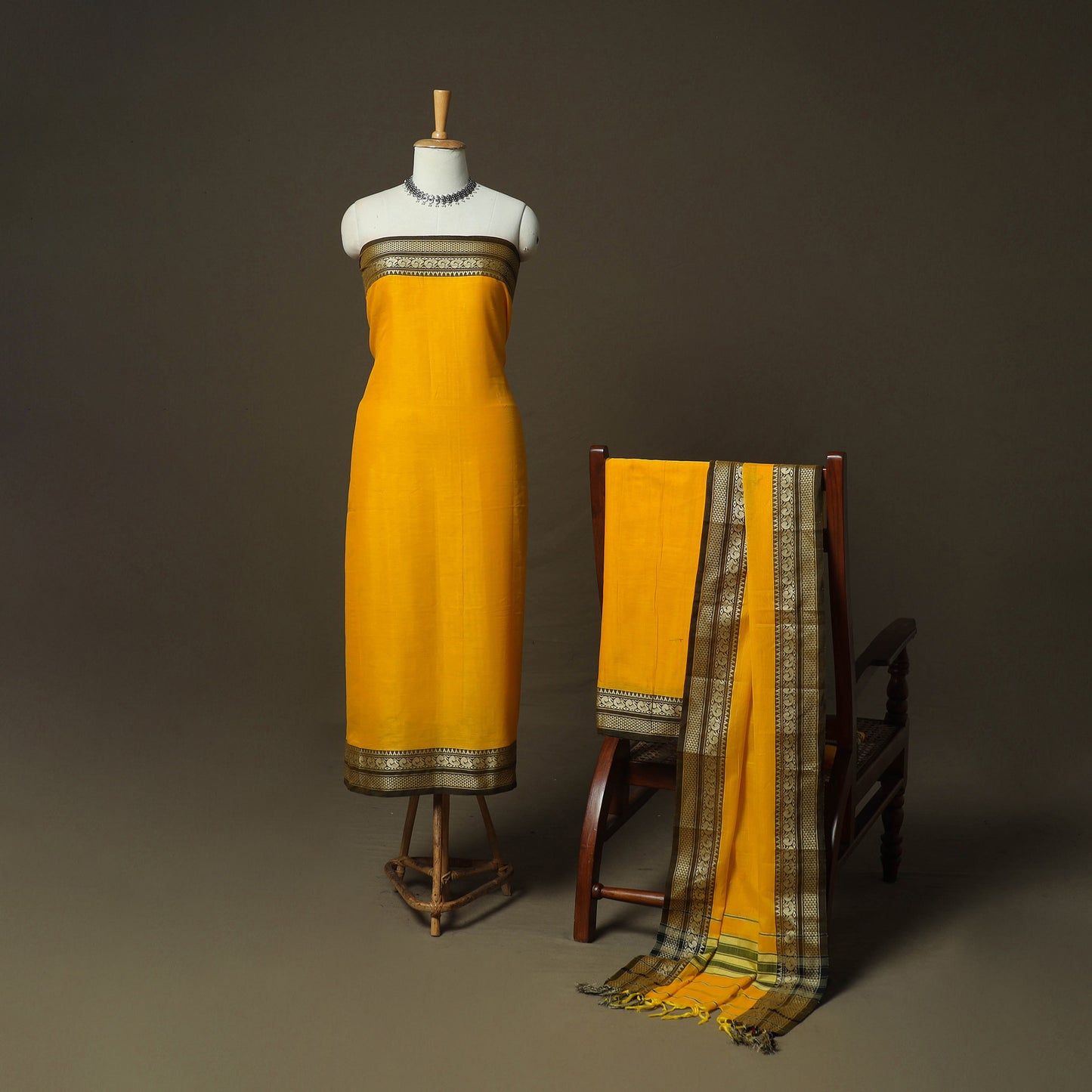 Yellow - Dharwad Woven Mercerised Cotton 3pc Unstitched Dress Material Suit Set 65