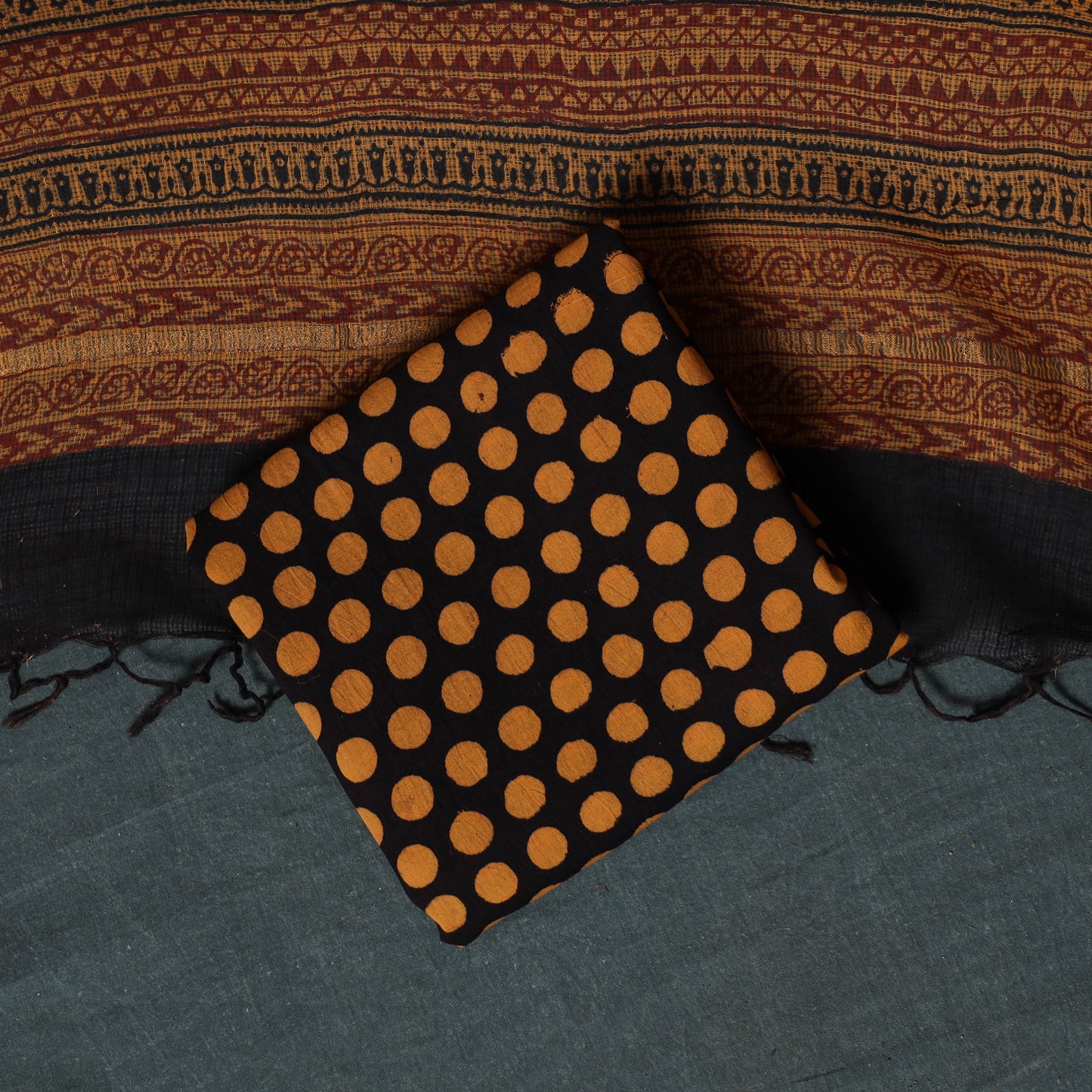Bagh Hand Block Print Natural Dyed Kota Doria Cotton 3pc Unstitched Dress Material Suit Set 32