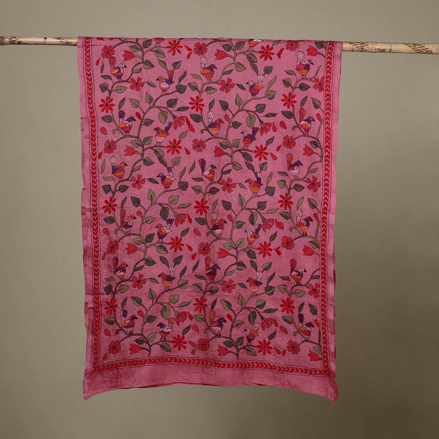 Pink - Handloom Silk Bengal Kantha Work Stole 21