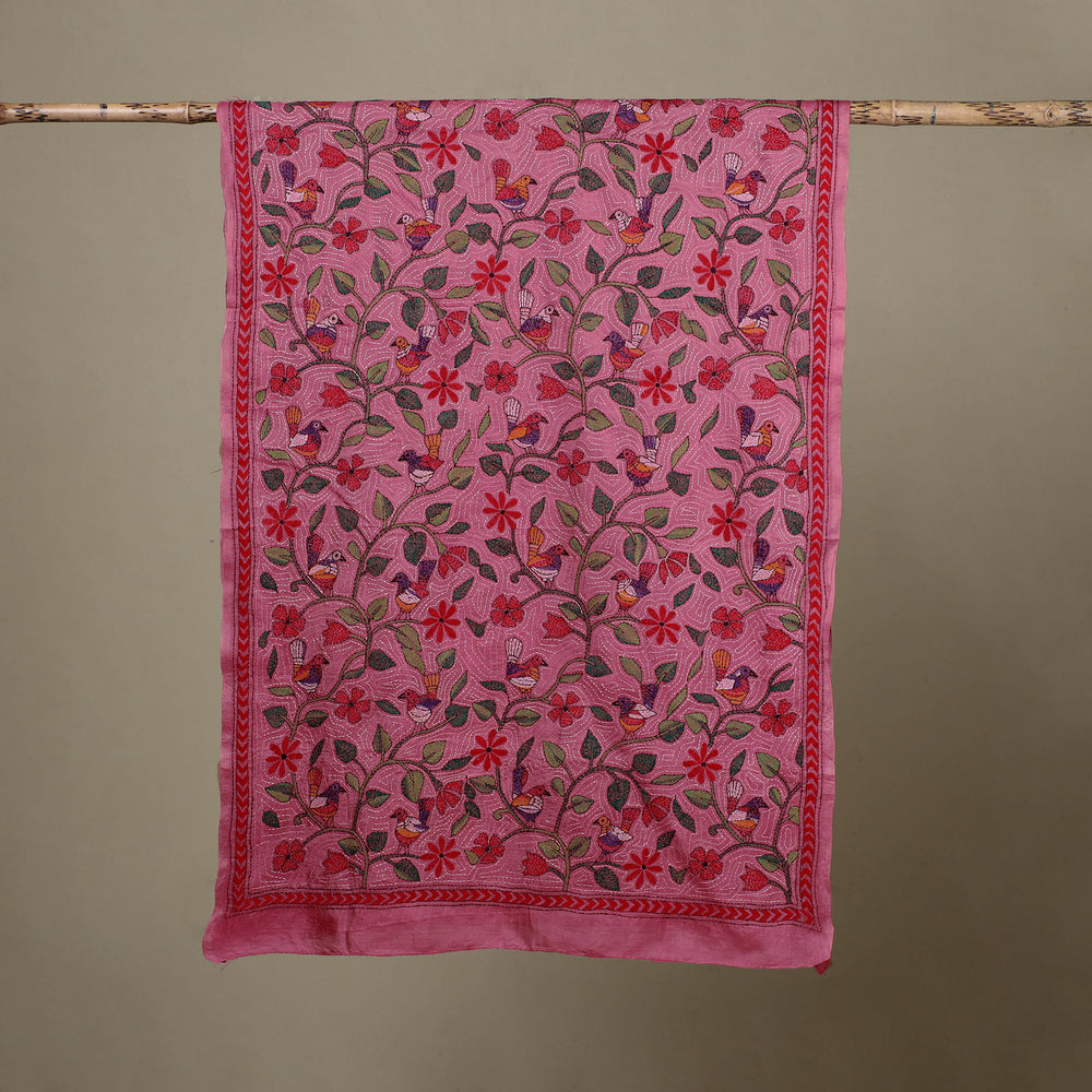 Pink - Handloom Silk Bengal Kantha Work Stole 20