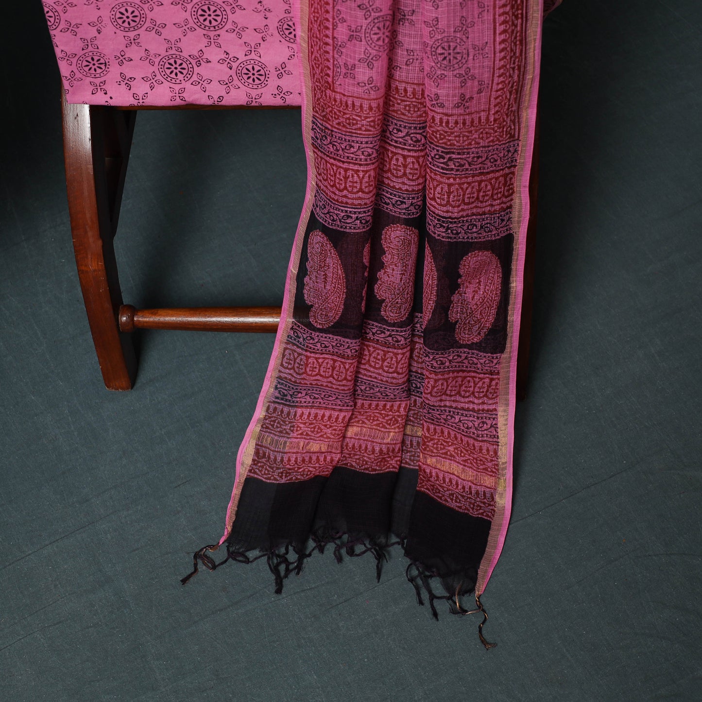 Bagh Hand Block Print Natural Dyed Kota Doria Cotton 3pc Unstitched Dress Material Suit Set 33