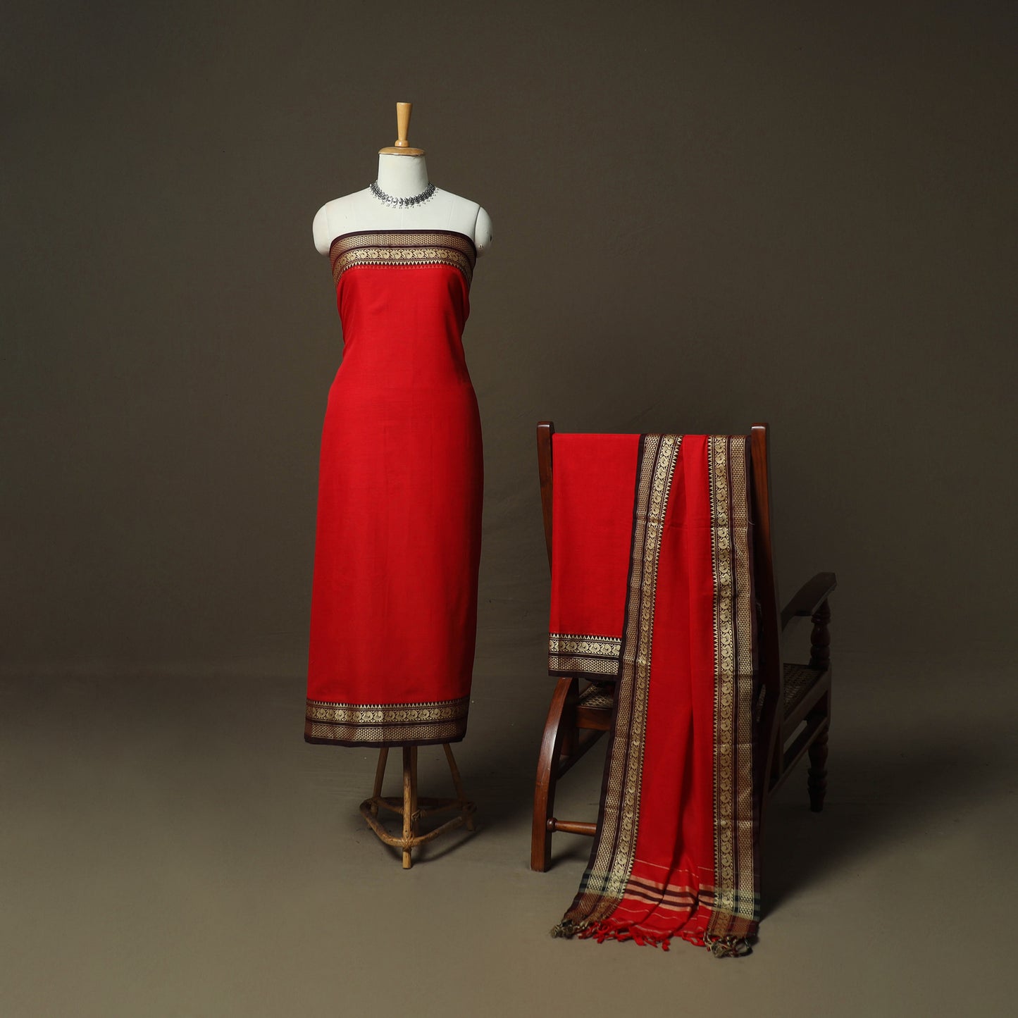 Red - Dharwad Woven Mercerised Cotton 3pc Unstitched Dress Material Suit Set 66